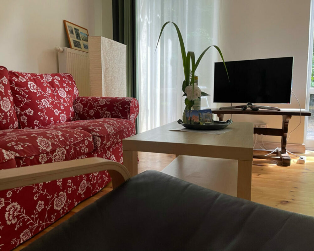 Kleine Ferienwohnung – Wohnzimmer mit Sitzecke und TV